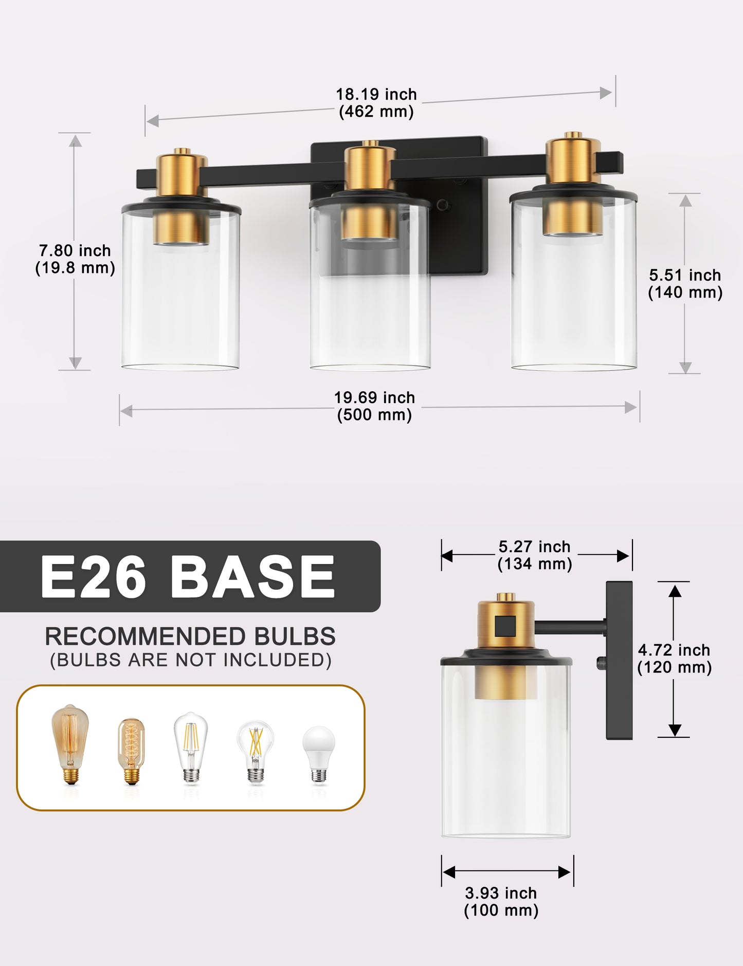 20 in. 3-Light Black Gold Bathroom Vanity Light with Clear Glass Shades for Mirror and Vanity