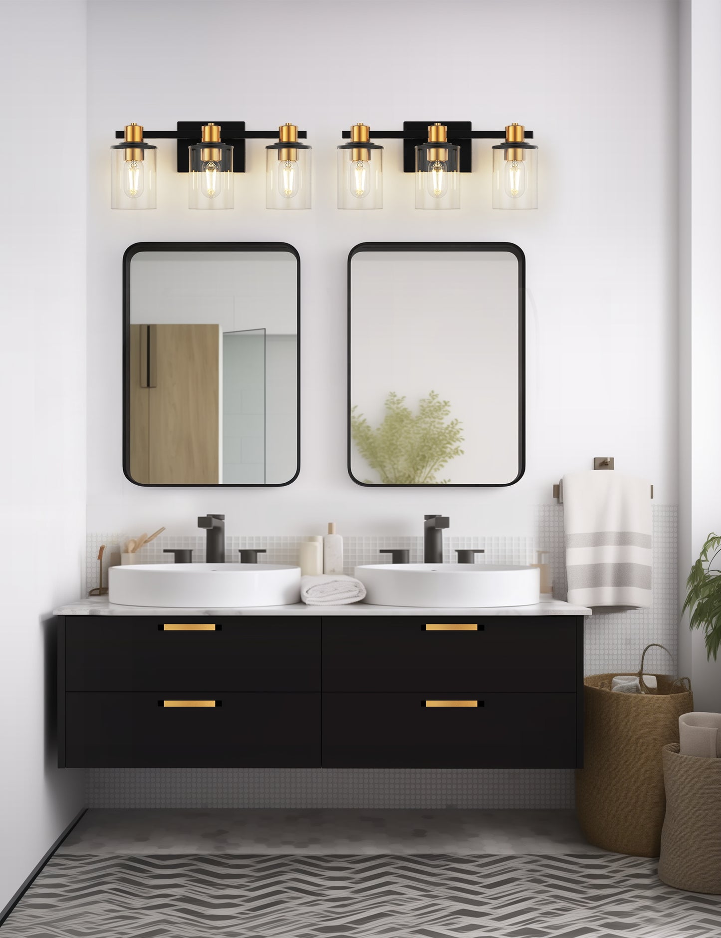 20 in. 3-Light Black Gold Bathroom Vanity Light with Clear Glass Shades for Mirror and Vanity