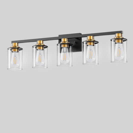 33 in. 5 Light Bathroom Vanity Light,Black and Gold Light with Clear Glass Shade, Black Wall Sconce for Bathroom,Bedroom