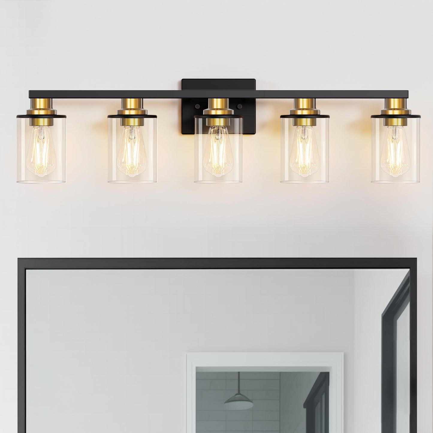 33 in. 5 Light Bathroom Vanity Light,Black and Gold Light with Clear Glass Shade, Black Wall Sconce for Bathroom,Bedroom