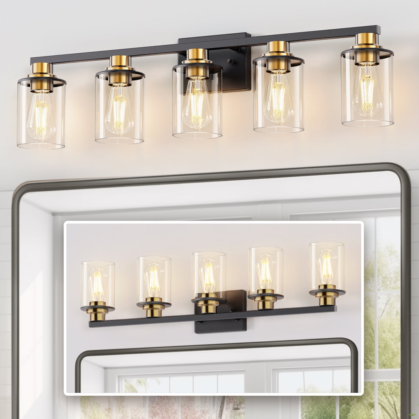 33 in. 5 Light Bathroom Vanity Light,Black and Gold Light with Clear Glass Shade, Black Wall Sconce for Bathroom,Bedroom