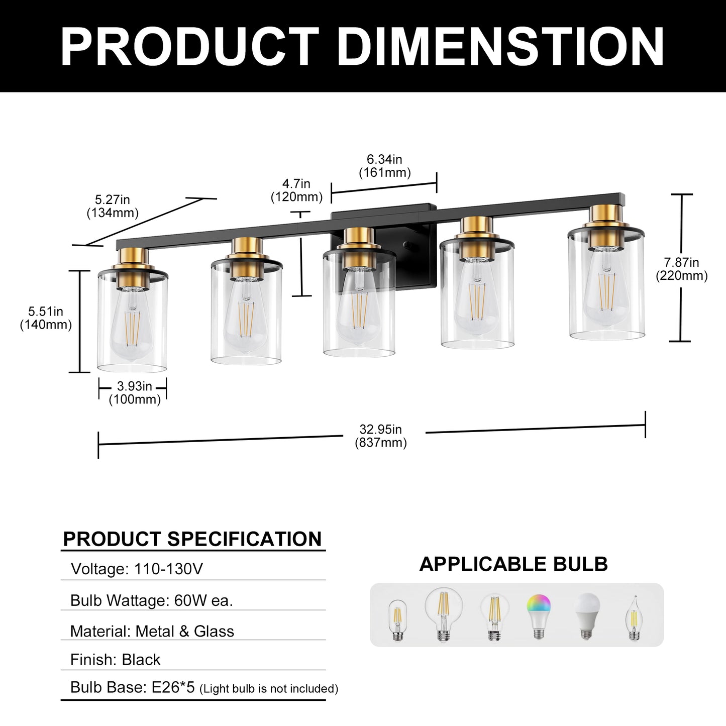 33 in. 5 Light Bathroom Vanity Light,Black and Gold Light with Clear Glass Shade, Black Wall Sconce for Bathroom,Bedroom