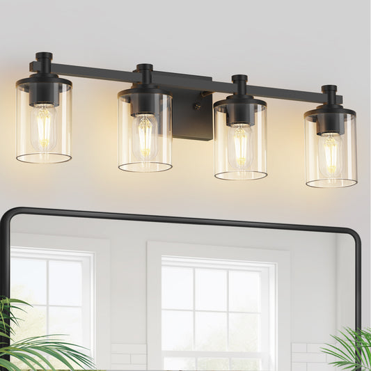 28 in. 4 Light Matte Black Industrial Modern Cylinder Vanity Light for Bathroom with Clear Glass Shades