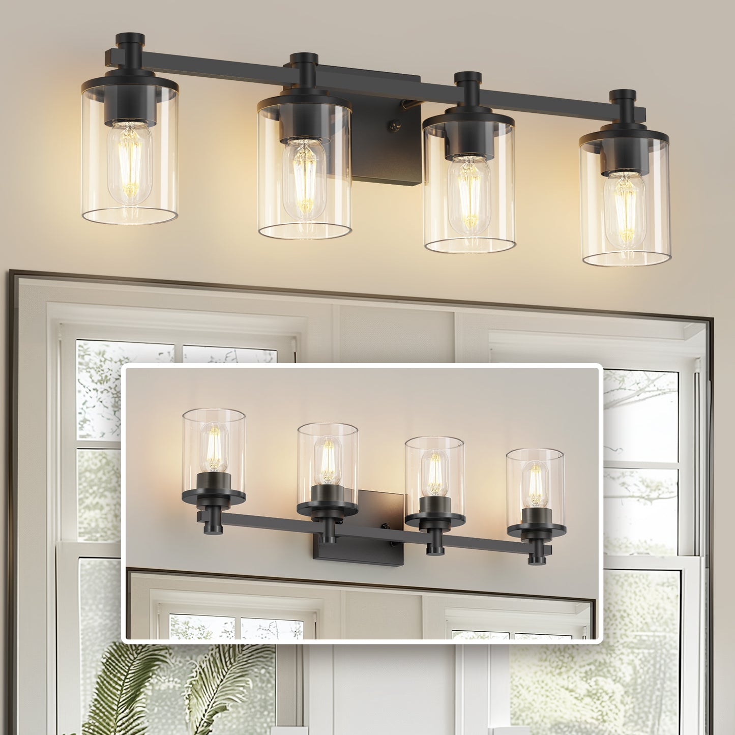 28 in. 4 Light Matte Black Industrial Modern Cylinder Vanity Light for Bathroom with Clear Glass Shades