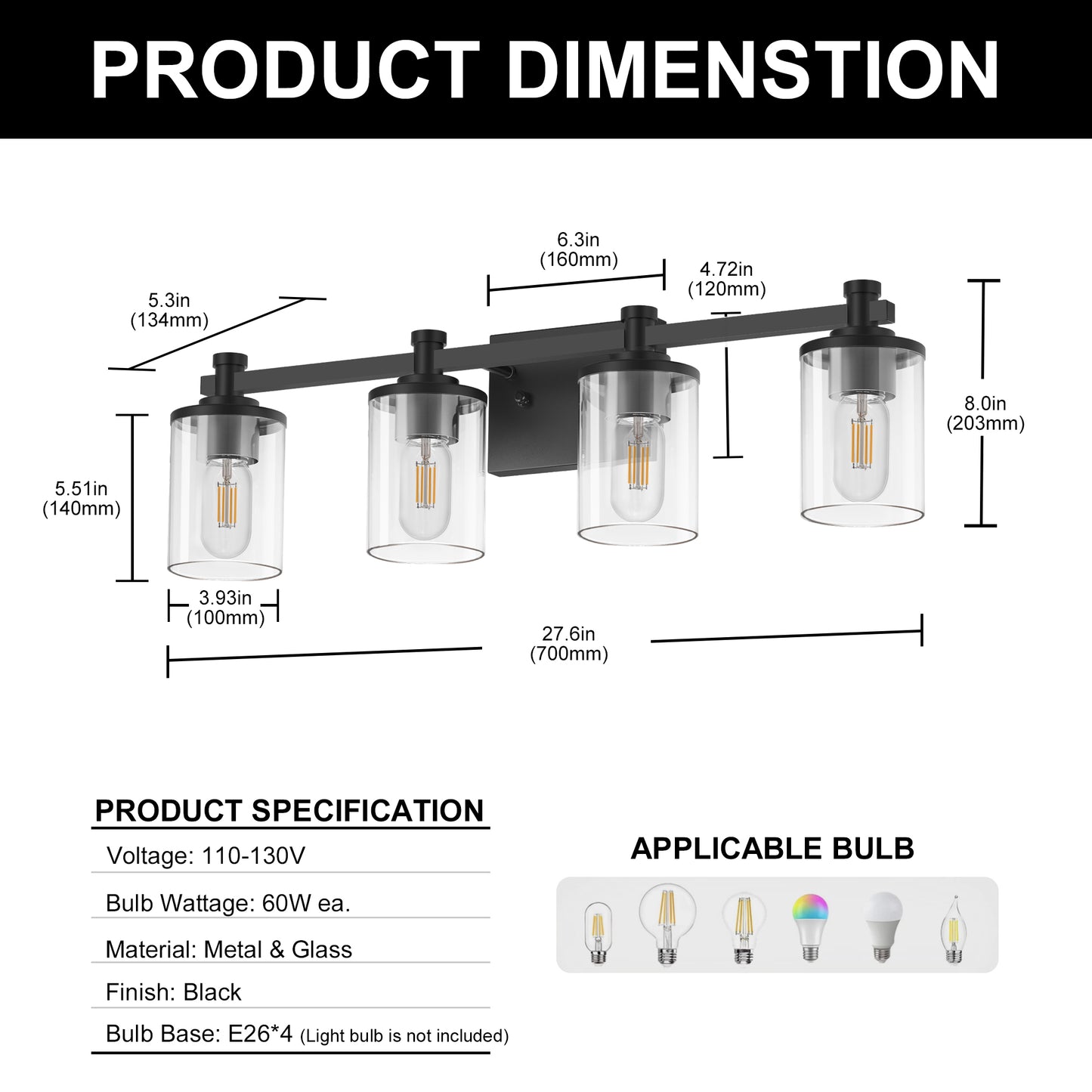 28 in. 4 Light Matte Black Industrial Modern Cylinder Vanity Light for Bathroom with Clear Glass Shades