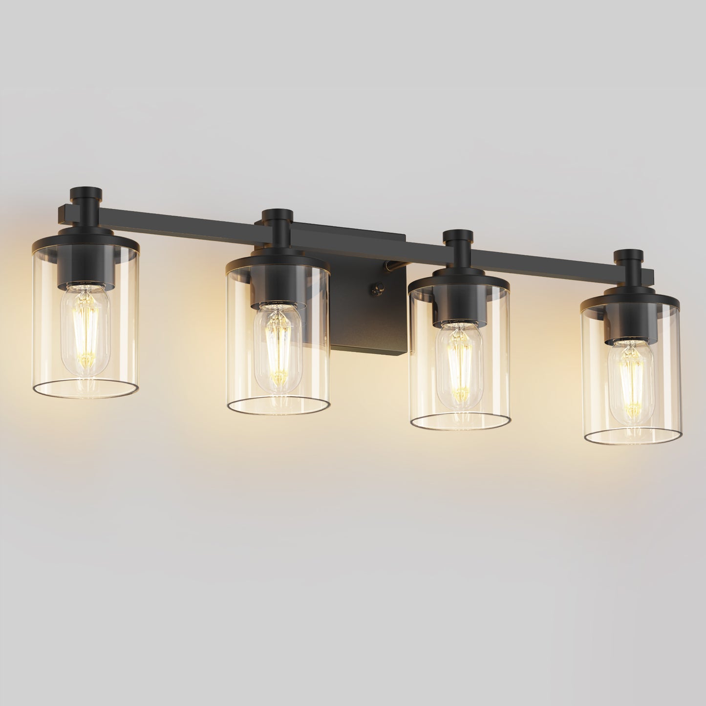 28 in. 4 Light Matte Black Industrial Modern Cylinder Vanity Light for Bathroom with Clear Glass Shades