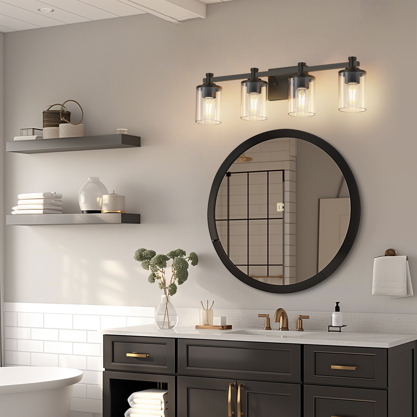 28 in. 4 Light Matte Black Industrial Modern Cylinder Vanity Light for Bathroom with Clear Glass Shades