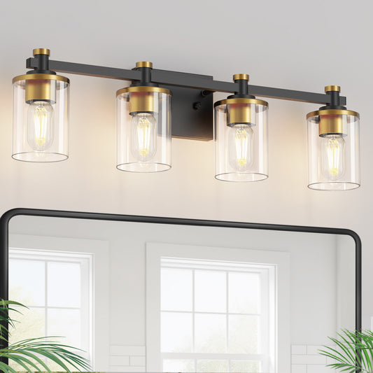 28 in. 4-Light Modern Black and Gold Bathroom Vanity Light with Clear Glass Shades for Bathroom, Bedroom, and Hallway