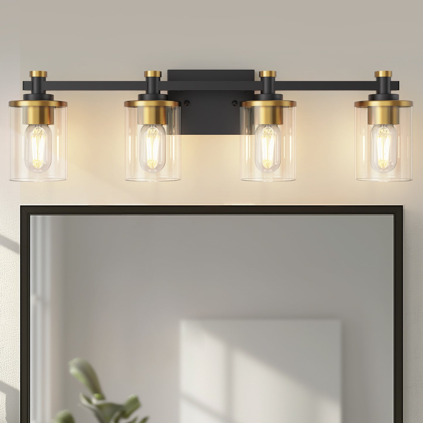 28 in. 4-Light Modern Black and Gold Bathroom Vanity Light with Clear Glass Shades for Bathroom, Bedroom, and Hallway