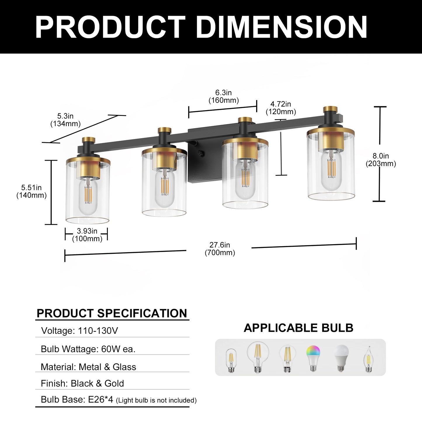 28 in. 4-Light Modern Black and Gold Bathroom Vanity Light with Clear Glass Shades for Bathroom, Bedroom, and Hallway