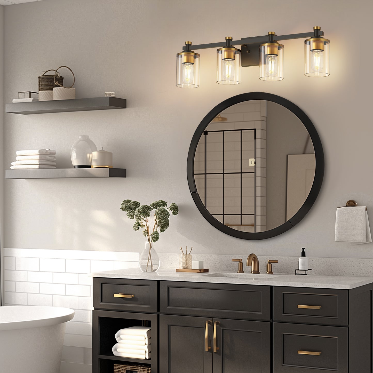 28 in. 4-Light Modern Black and Gold Bathroom Vanity Light with Clear Glass Shades for Bathroom, Bedroom, and Hallway