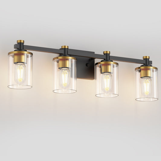 28 in. 4-Light Modern Black and Gold Bathroom Vanity Light with Clear Glass Shades for Bathroom, Bedroom, and Hallway