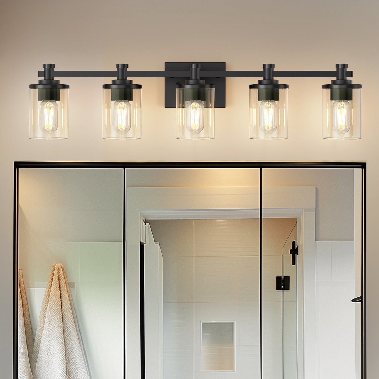 33 in. 5-Light Black Bathroom Vanity Light with Clear Glass Shades for Bathroom, Bedroom, or Hallway