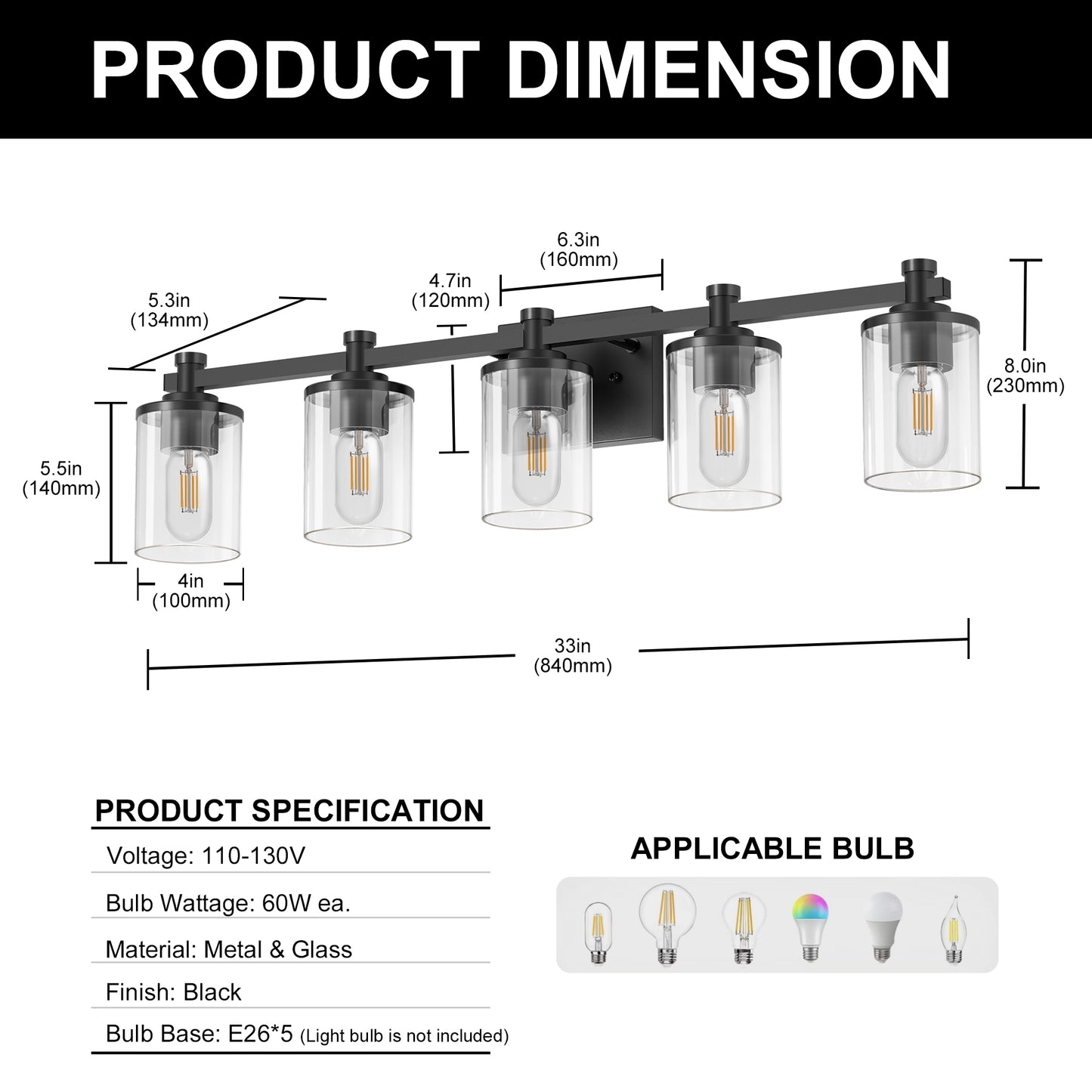 33 in. 5-Light Black Bathroom Vanity Light with Clear Glass Shades for Bathroom, Bedroom, or Hallway