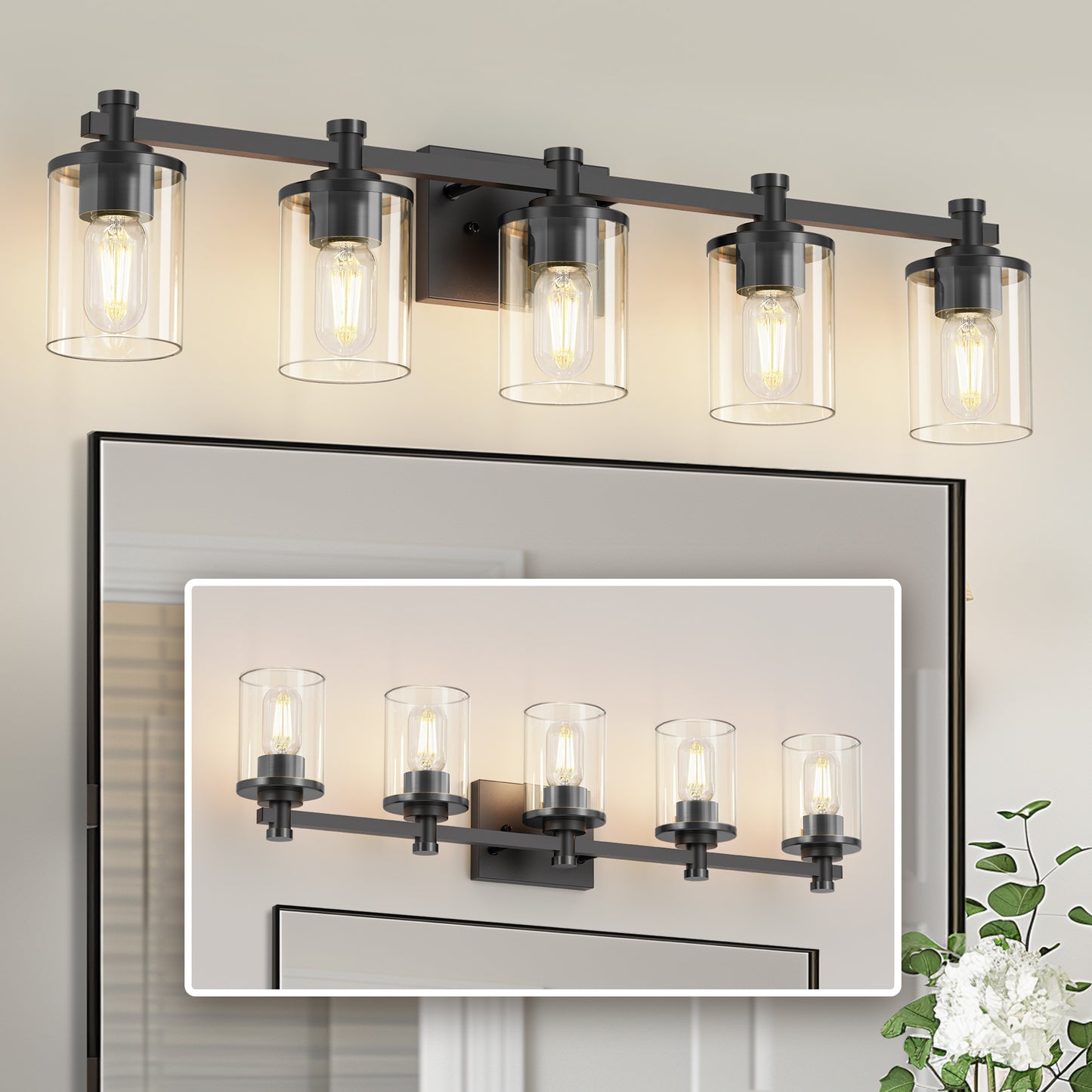 33 in. 5-Light Black Bathroom Vanity Light with Clear Glass Shades for Bathroom, Bedroom, or Hallway