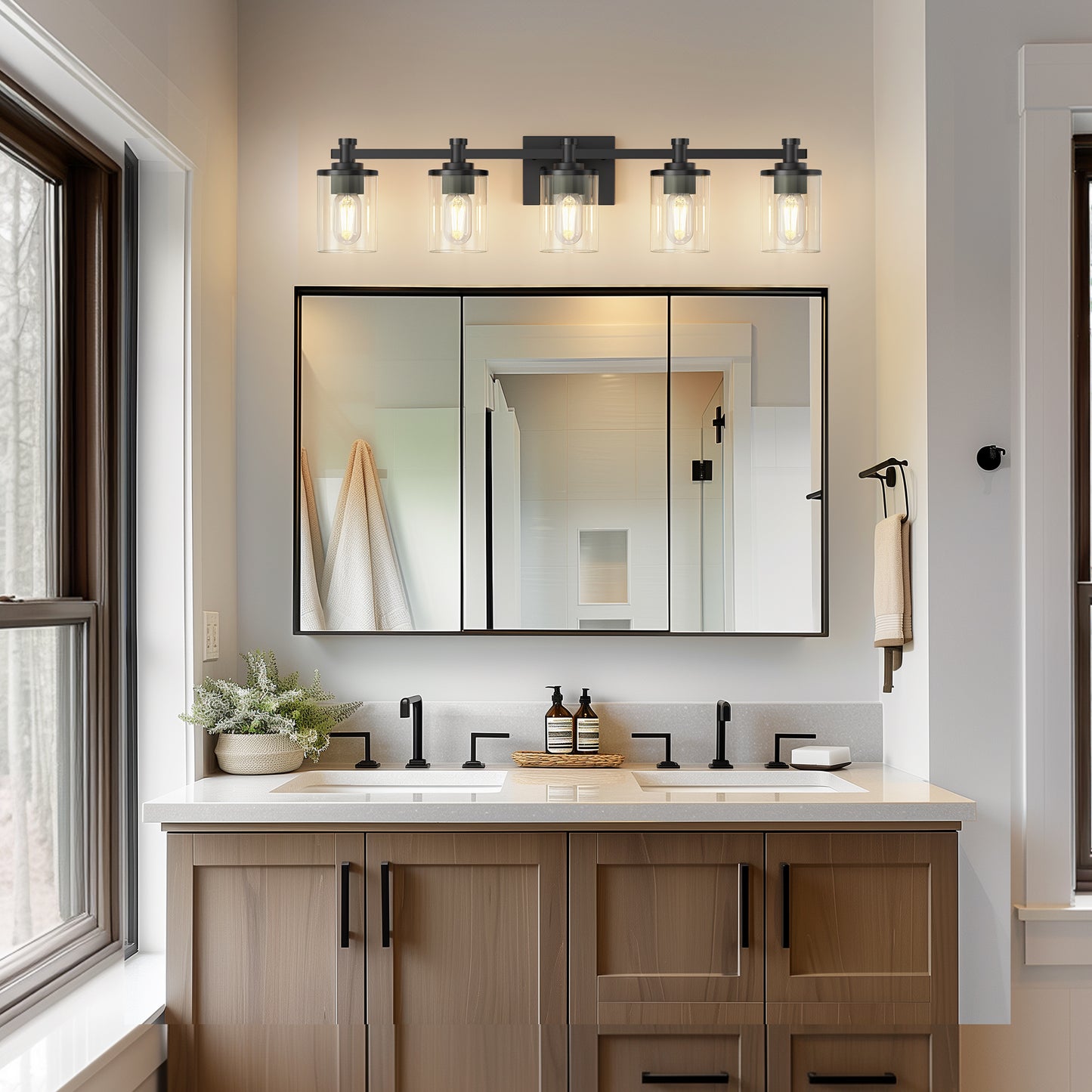 33 in. 5-Light Black Bathroom Vanity Light with Clear Glass Shades for Bathroom, Bedroom, or Hallway