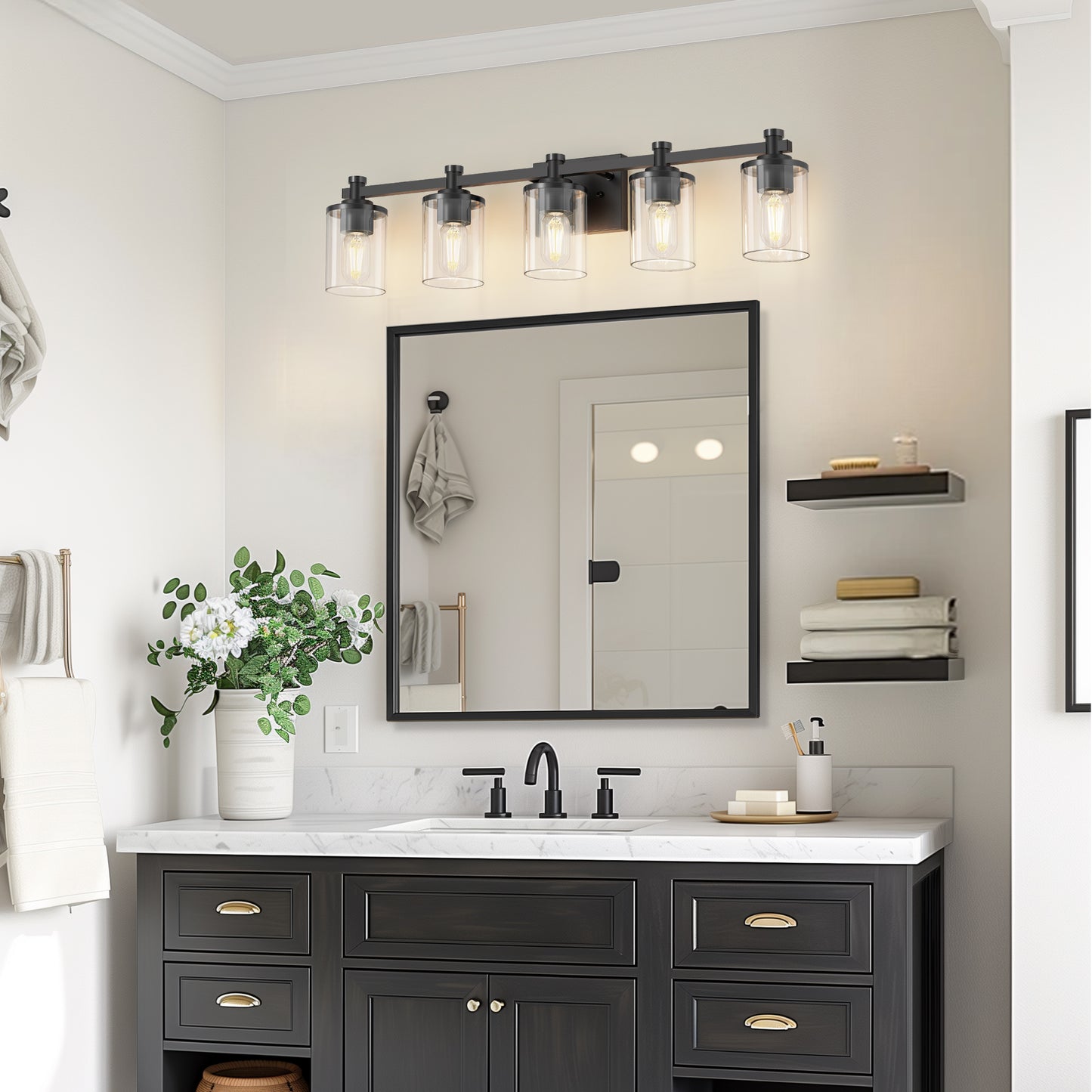 33 in. 5-Light Black Bathroom Vanity Light with Clear Glass Shades for Bathroom, Bedroom, or Hallway