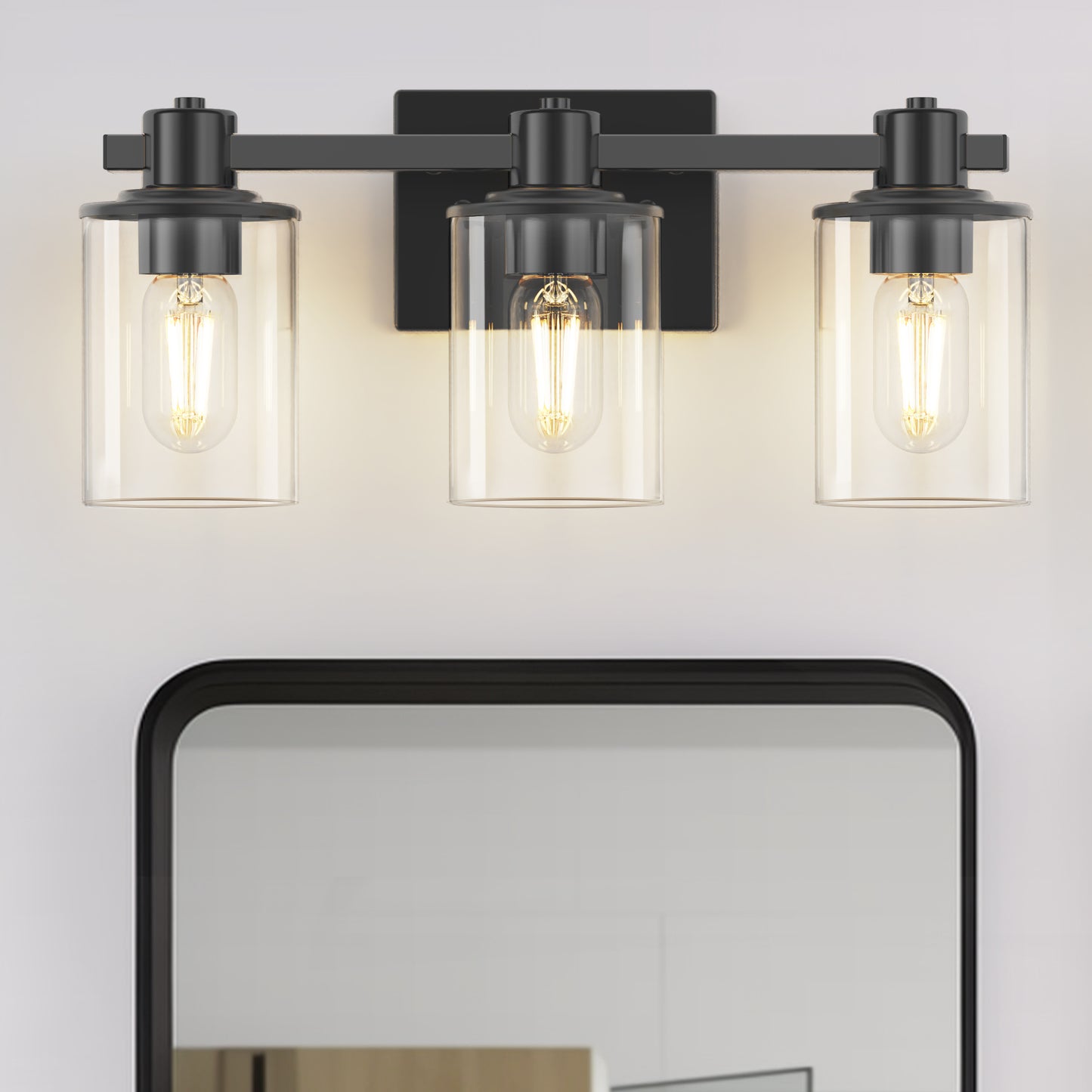 20 in. 3 Light Bathroom Vanity Light, Matte Black Fixtures with Clear Glass Shade, Modern Bathroom Lights Over Mirror