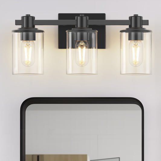 20 in. 3 Light Bathroom Vanity Light, Matte Black Fixtures with Clear Glass Shade, Modern Bathroom Lights Over Mirror