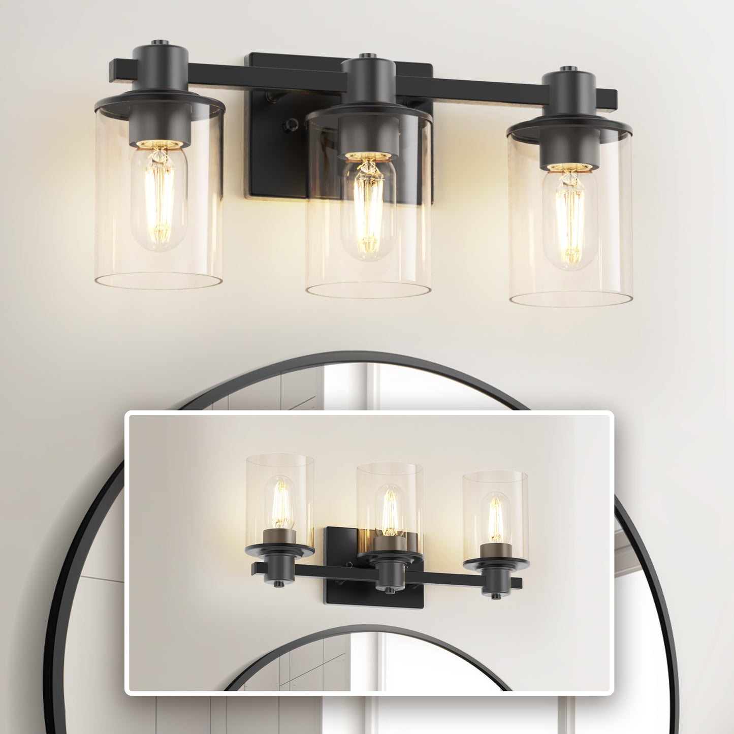 20 in. 3 Light Bathroom Vanity Light, Matte Black Fixtures with Clear Glass Shade, Modern Bathroom Lights Over Mirror