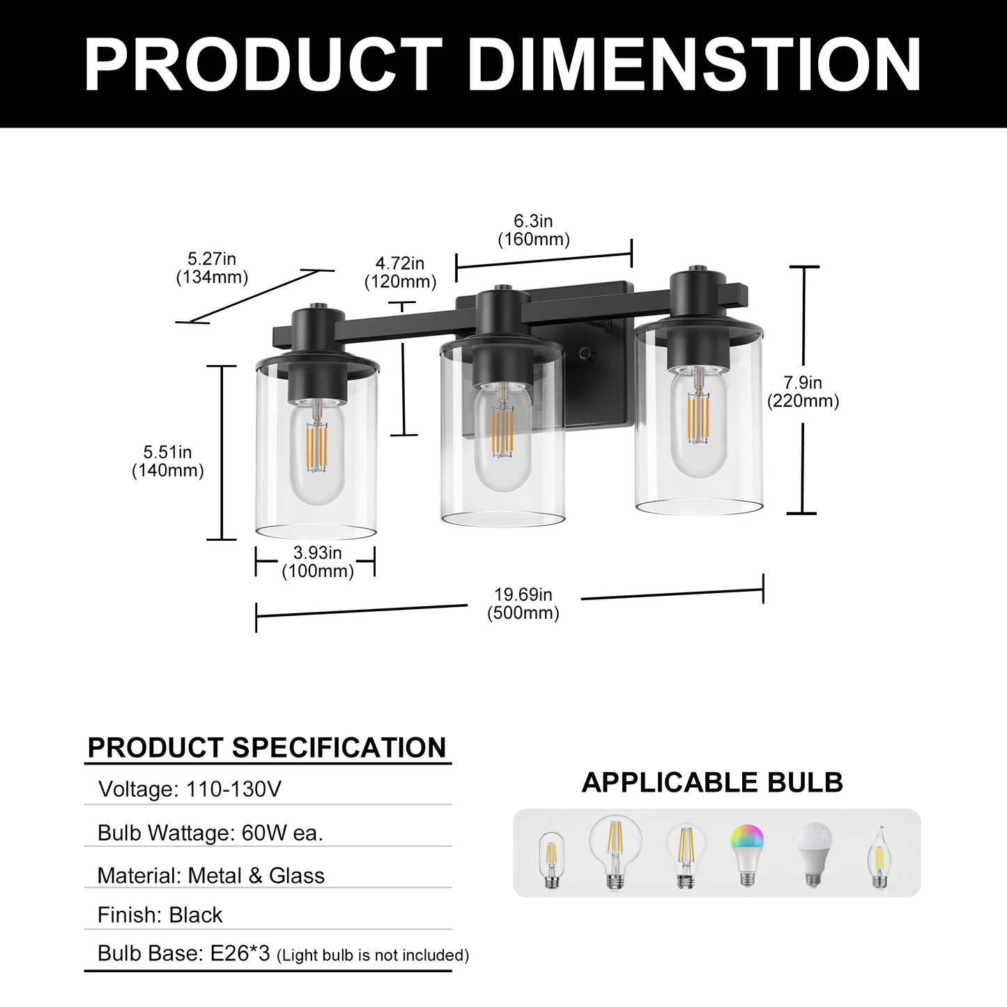 20 in. 3 Light Bathroom Vanity Light, Matte Black Fixtures with Clear Glass Shade, Modern Bathroom Lights Over Mirror