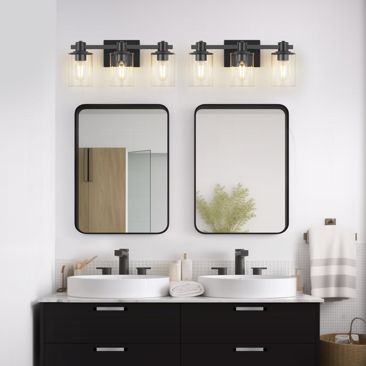 20 in. 3 Light Bathroom Vanity Light, Matte Black Fixtures with Clear Glass Shade, Modern Bathroom Lights Over Mirror