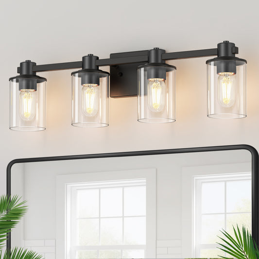 22 in. 4 Light Bathroom Vanity Light, Matte Black Fixtures with Clear Glass Shade, Modern Bathroom Lights Over Mirror