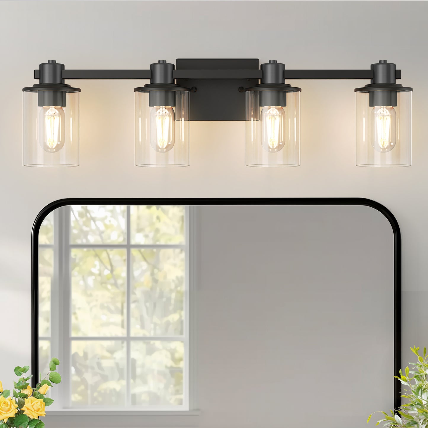 22 in. 4 Light Bathroom Vanity Light, Matte Black Fixtures with Clear Glass Shade, Modern Bathroom Lights Over Mirror