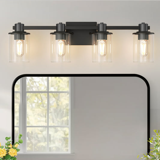 22 in. 4 Light Bathroom Vanity Light, Matte Black Fixtures with Clear Glass Shade, Modern Bathroom Lights Over Mirror