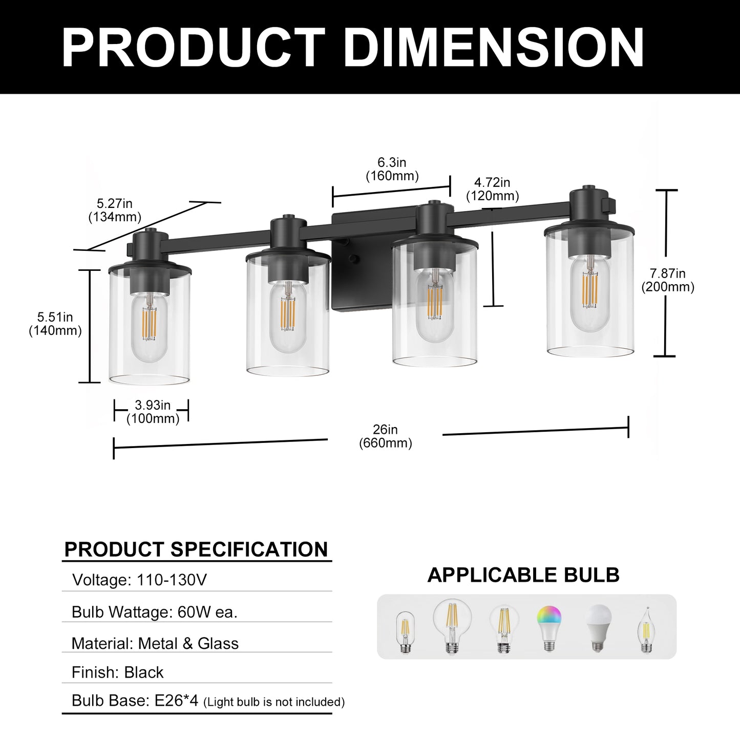 22 in. 4 Light Bathroom Vanity Light, Matte Black Fixtures with Clear Glass Shade, Modern Bathroom Lights Over Mirror