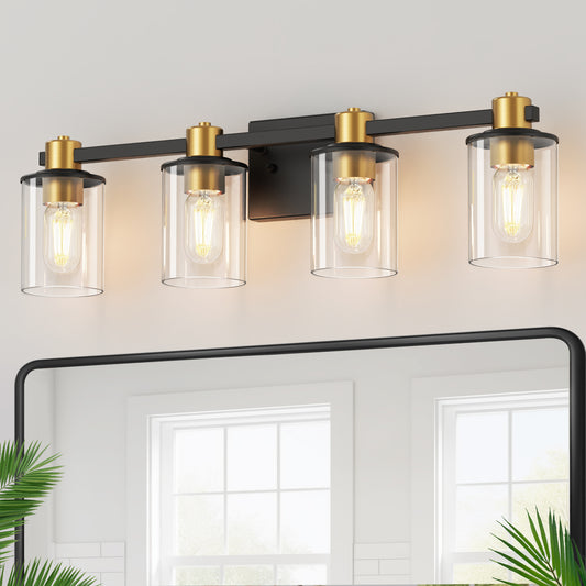26 in. 4-Light Black Gold Bathroom Vanity Light Fixture, Clear Glass Shade Wall Sconce for Bathroom, Mirror, or Hallway