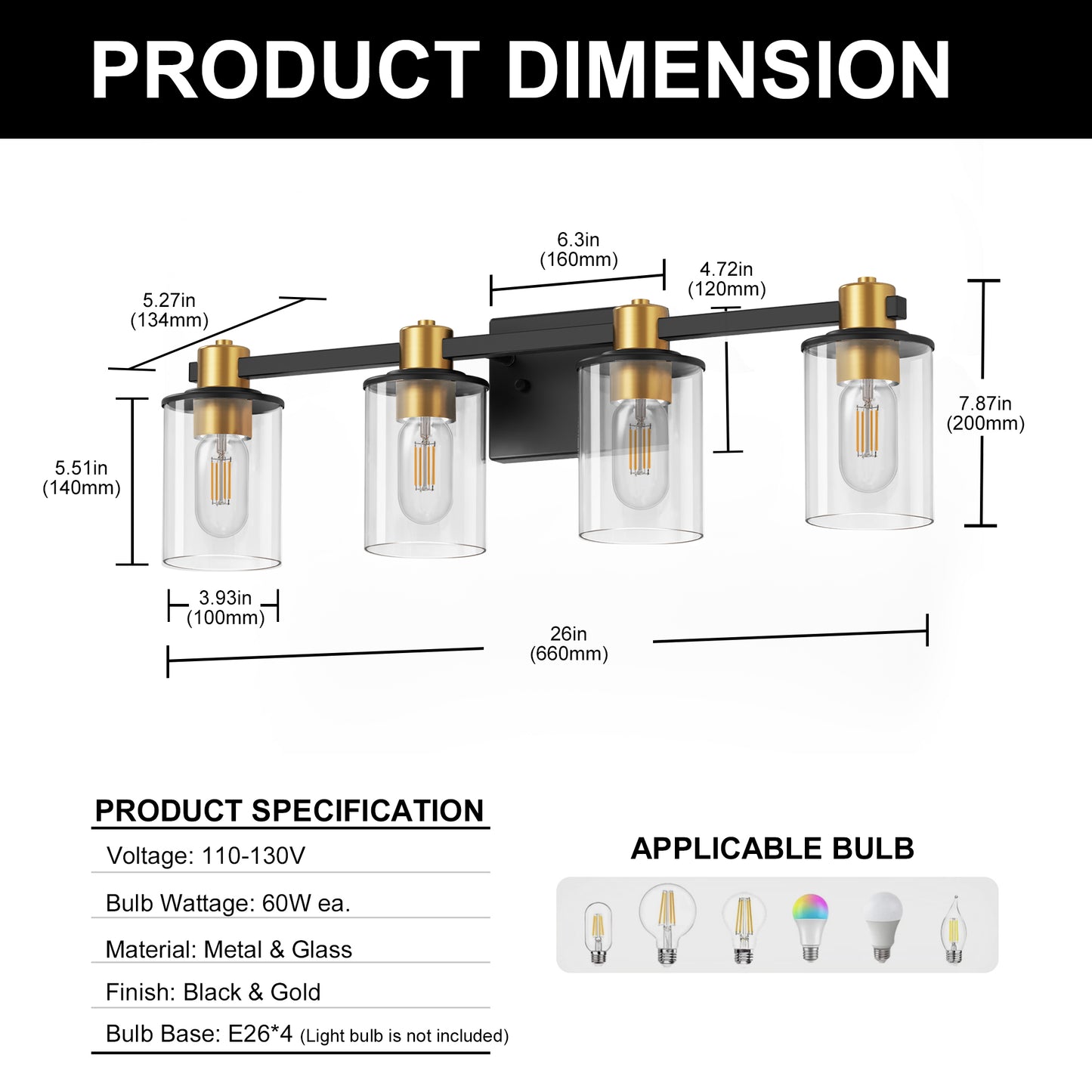 26 in. 4-Light Black Gold Bathroom Vanity Light Fixture, Clear Glass Shade Wall Sconce for Bathroom, Mirror, or Hallway