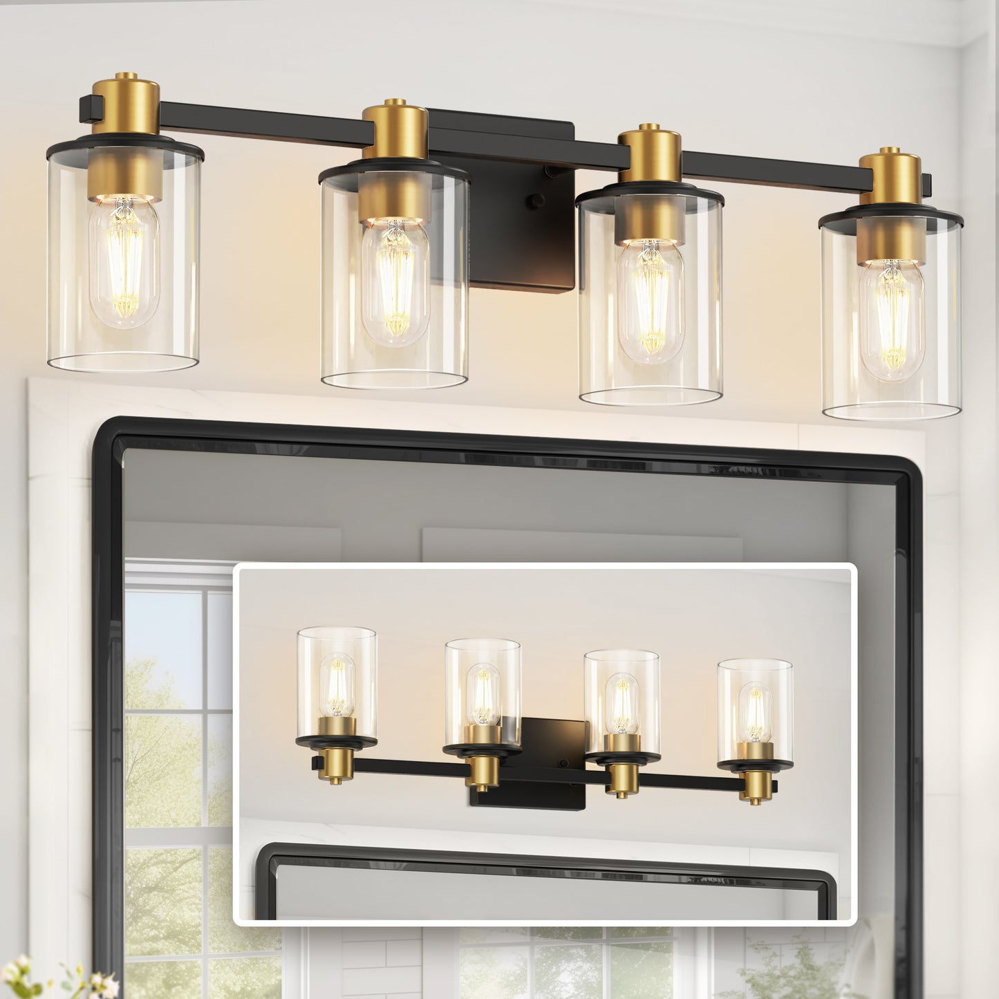 26 in. 4-Light Black Gold Bathroom Vanity Light Fixture, Clear Glass Shade Wall Sconce for Bathroom, Mirror, or Hallway