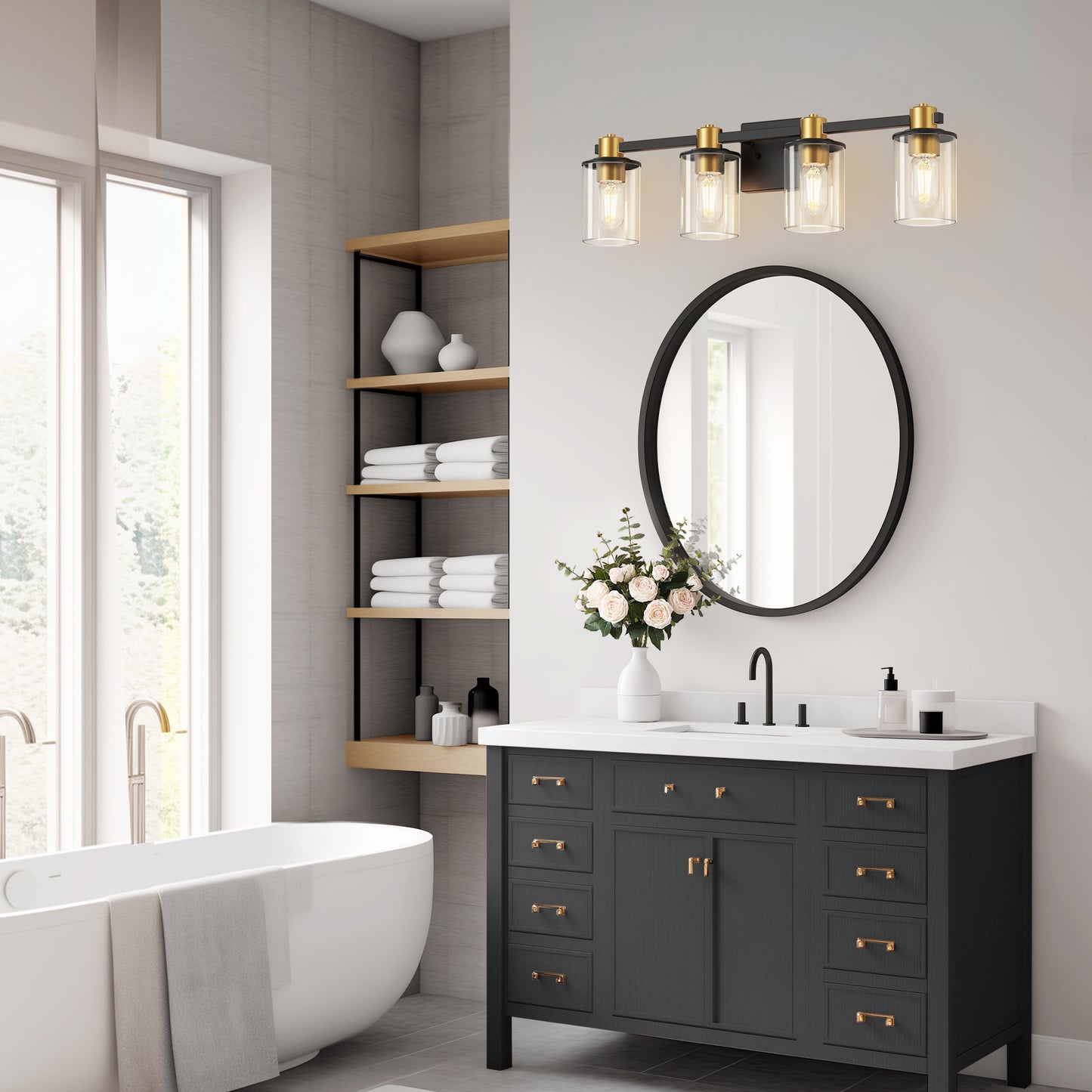 26 in. 4-Light Black Gold Bathroom Vanity Light Fixture, Clear Glass Shade Wall Sconce for Bathroom, Mirror, or Hallway