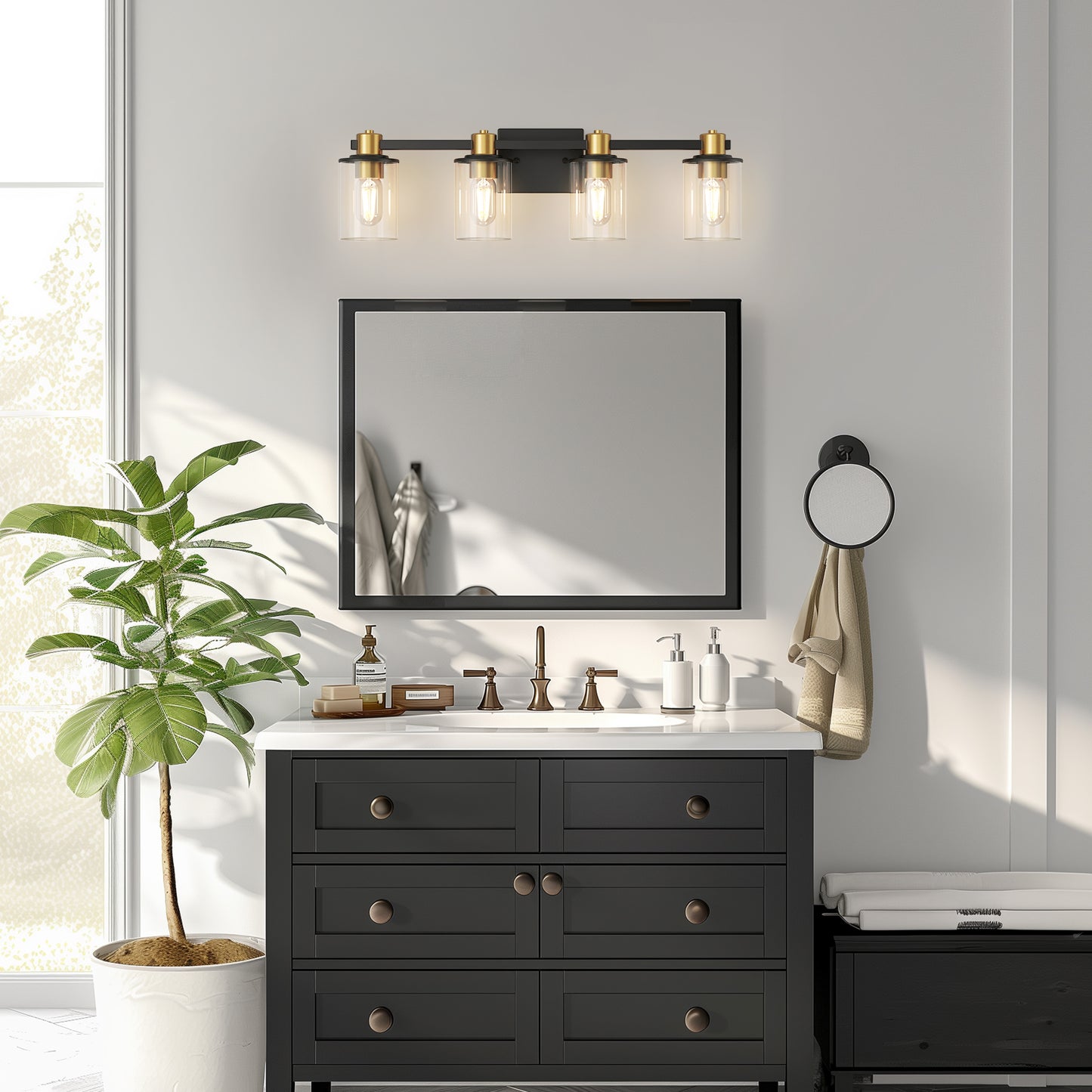 26 in. 4-Light Black Gold Bathroom Vanity Light Fixture, Clear Glass Shade Wall Sconce for Bathroom, Mirror, or Hallway