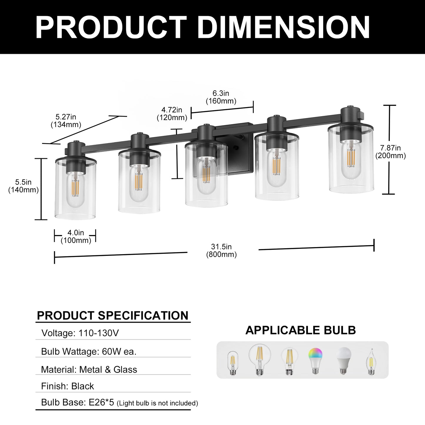 32 in. 5-Light Black Bathroom Vanity Light Fixture with Clear Glass Shades,Vanity Lights for Mirror, Hallway or Bathroom