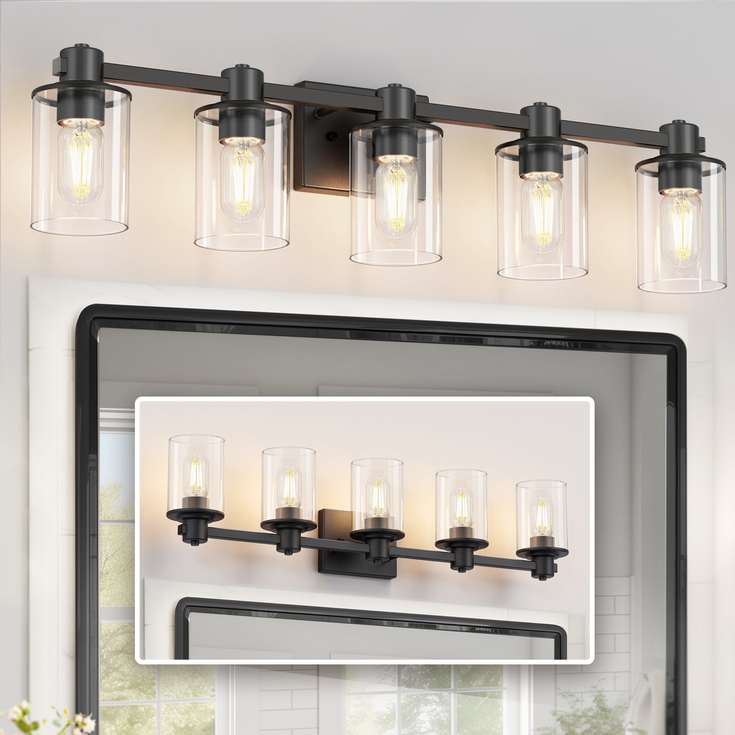 32 in. 5-Light Black Bathroom Vanity Light Fixture with Clear Glass Shades,Vanity Lights for Mirror, Hallway or Bathroom