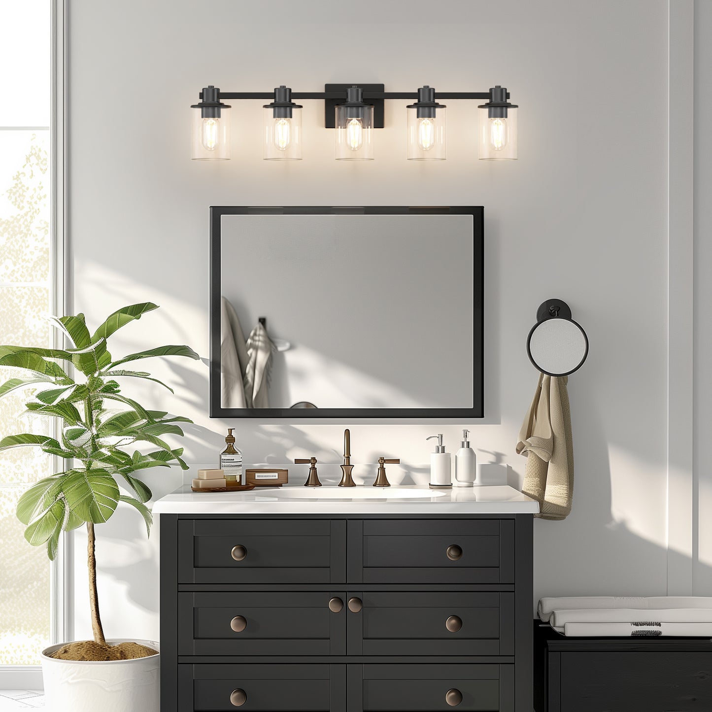 32 in. 5-Light Black Bathroom Vanity Light Fixture with Clear Glass Shades,Vanity Lights for Mirror, Hallway or Bathroom