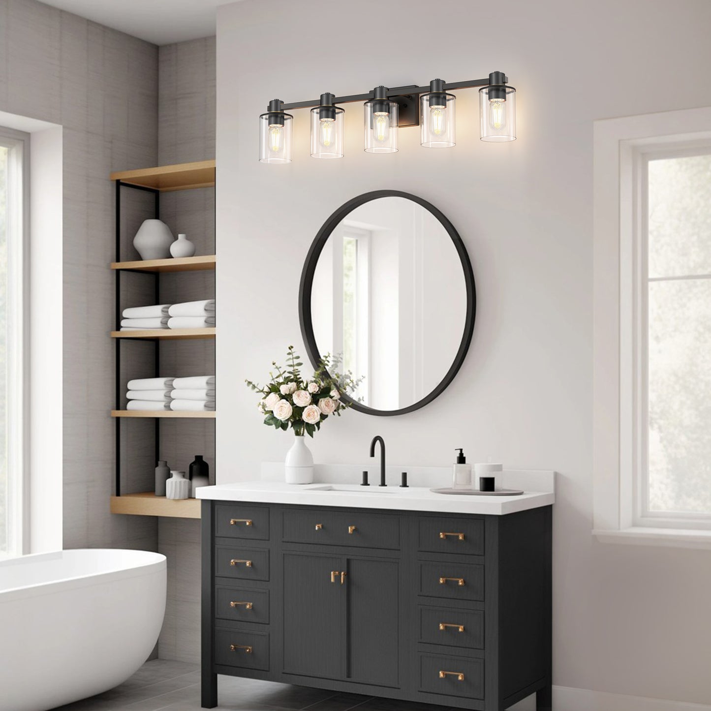 32 in. 5-Light Black Bathroom Vanity Light Fixture with Clear Glass Shades,Vanity Lights for Mirror, Hallway or Bathroom