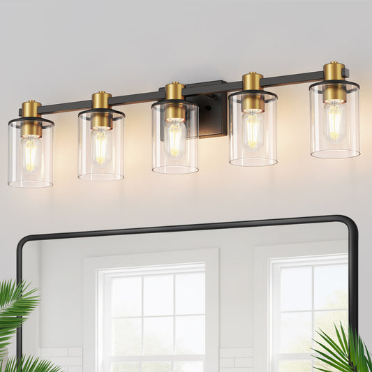 32 in. 5-Light Black Gold Bathroom Vanity Light Fixture, Clear Glass Shade Wall Sconce for Bathroom, Mirror, or Hallway