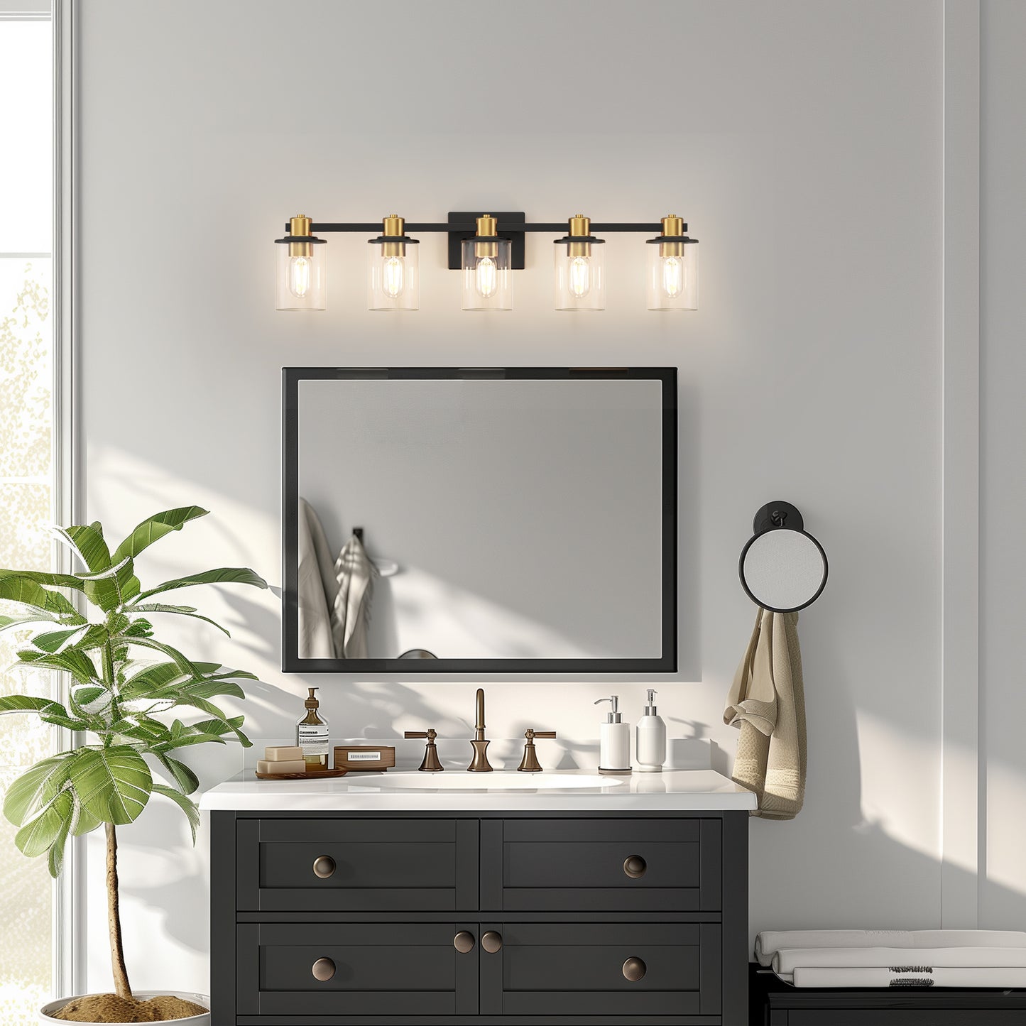 32 in. 5-Light Black Gold Bathroom Vanity Light Fixture, Clear Glass Shade Wall Sconce for Bathroom, Mirror, or Hallway