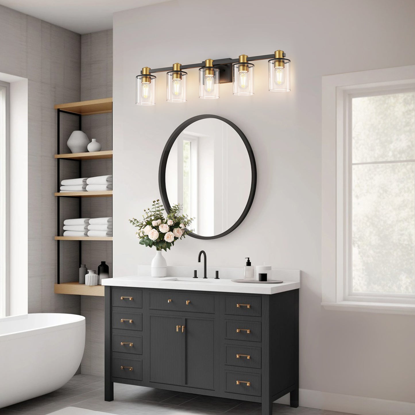 32 in. 5-Light Black Gold Bathroom Vanity Light Fixture, Clear Glass Shade Wall Sconce for Bathroom, Mirror, or Hallway