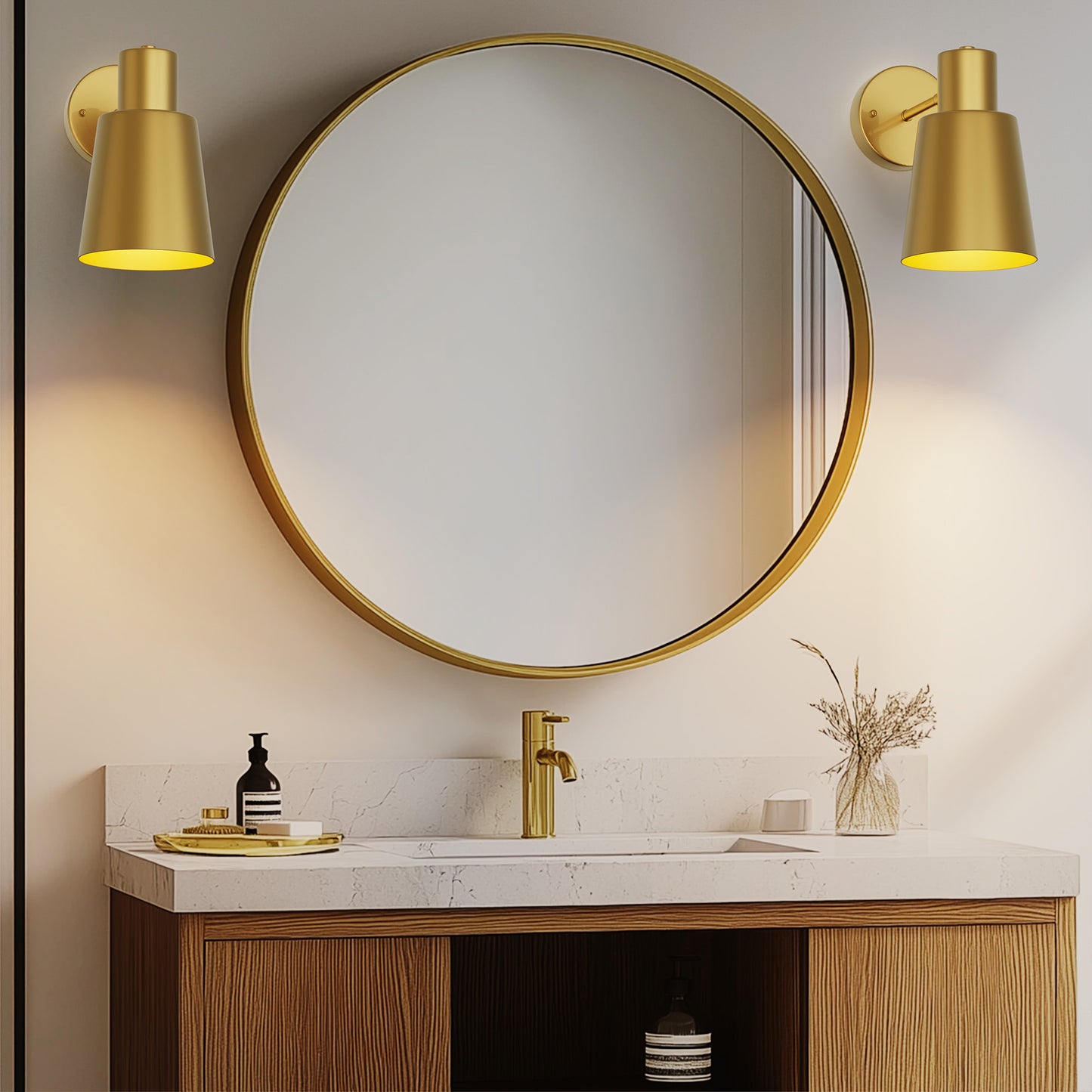 5.1 in. 2-Pack Gold Wireless Wall Sconces, Dimmable LED Wall Lights with Remote Control for Bathroom