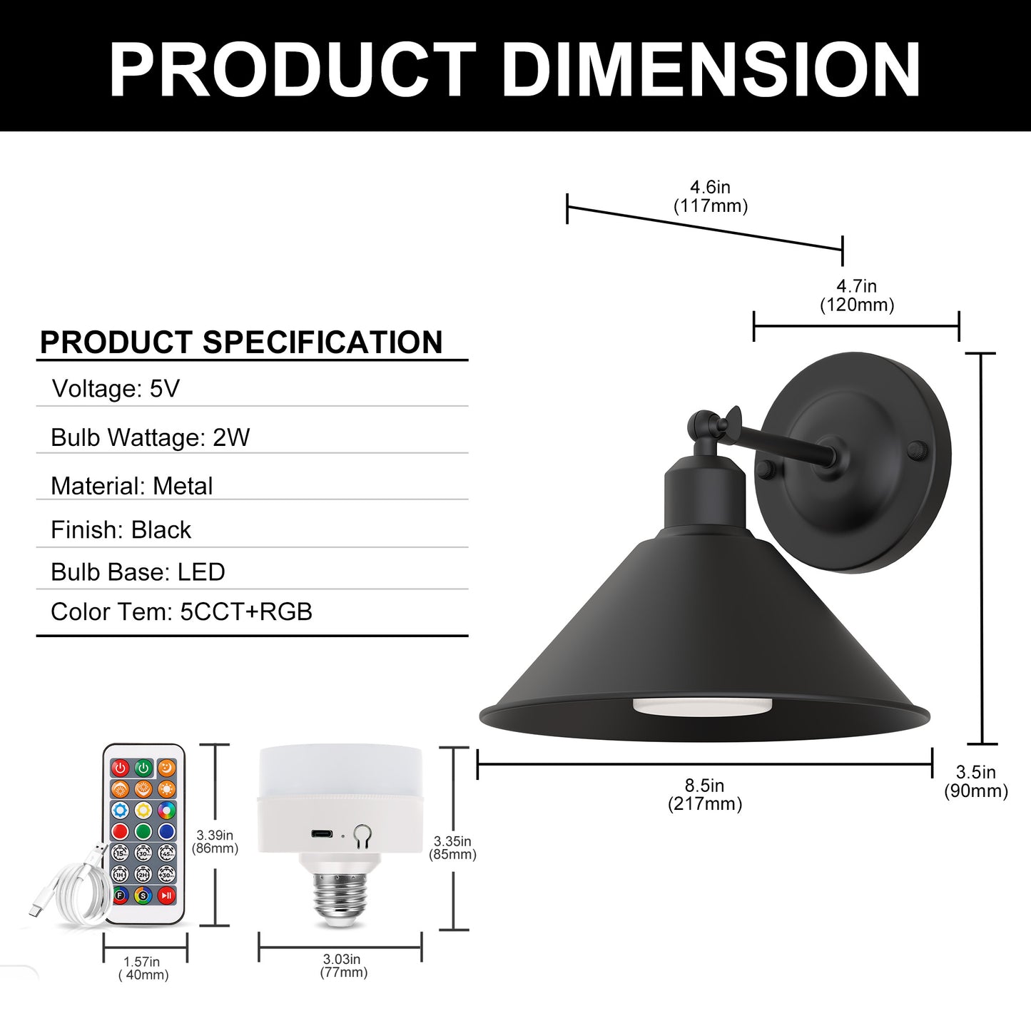9 in. 2-Pack Black Wireless Wall Sconces, Dimmable LED Wall Lights with Remote Control for Bathroom