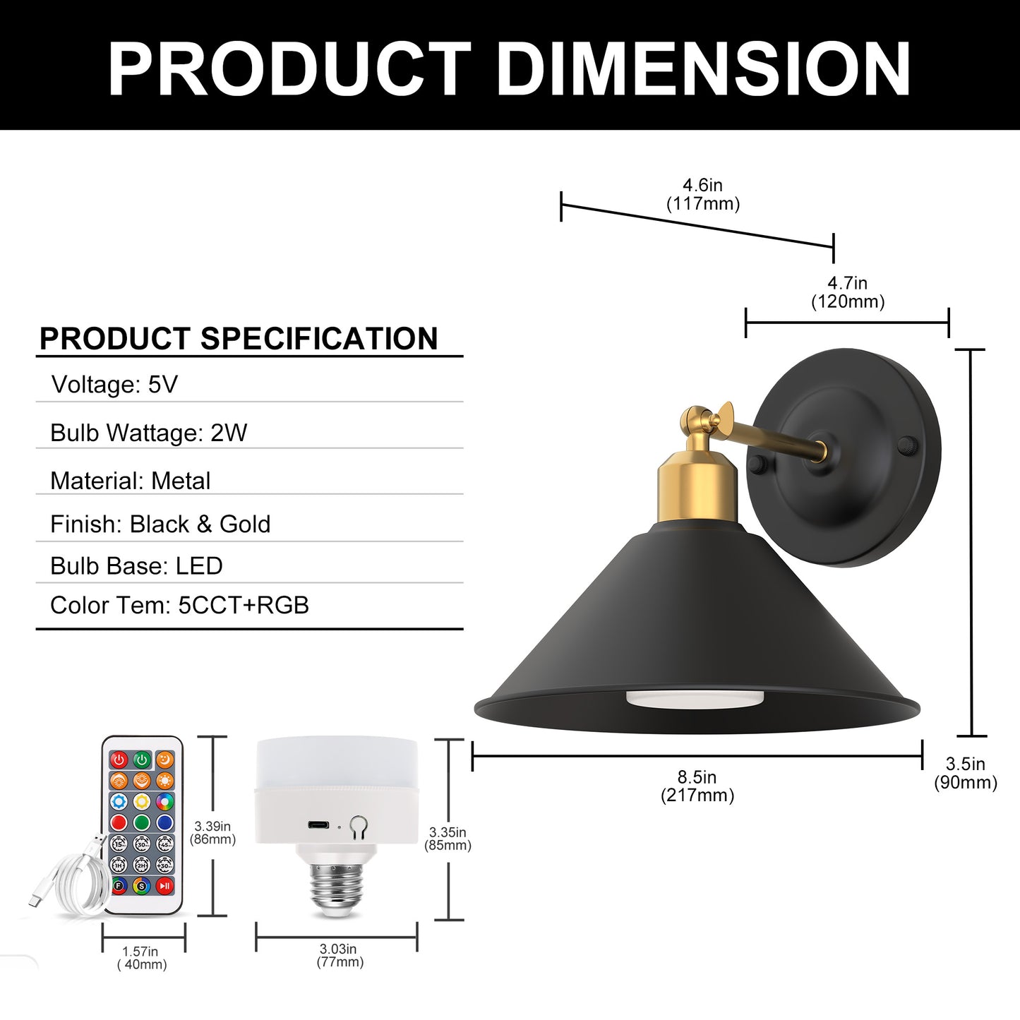 9 in.2-Pack Black and Gold Bell Wireless Wall Sconces, Dimmable LED Wall Lights with Remote Control for Bathroom Bedroom