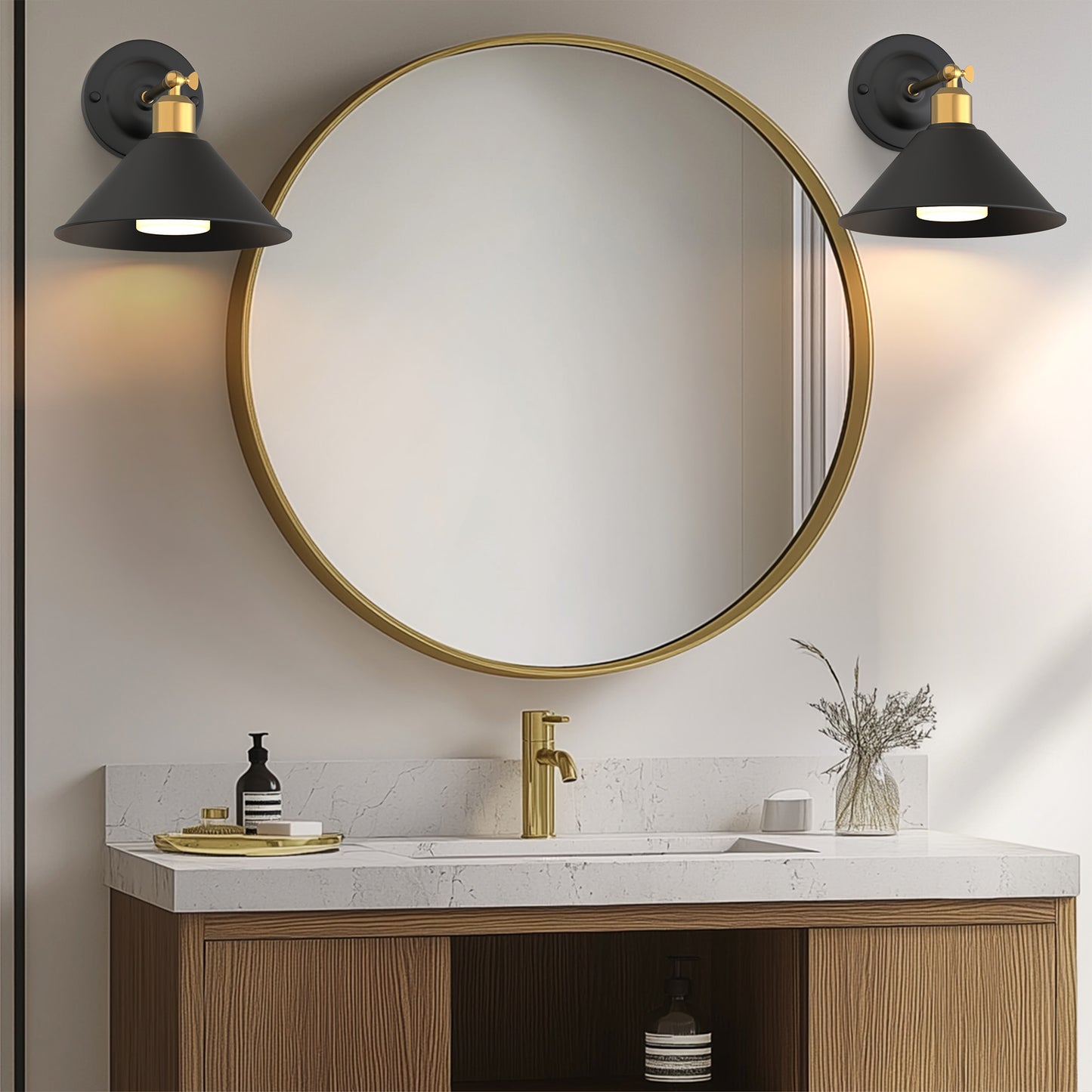 9 in.2-Pack Black and Gold Bell Wireless Wall Sconces, Dimmable LED Wall Lights with Remote Control for Bathroom Bedroom