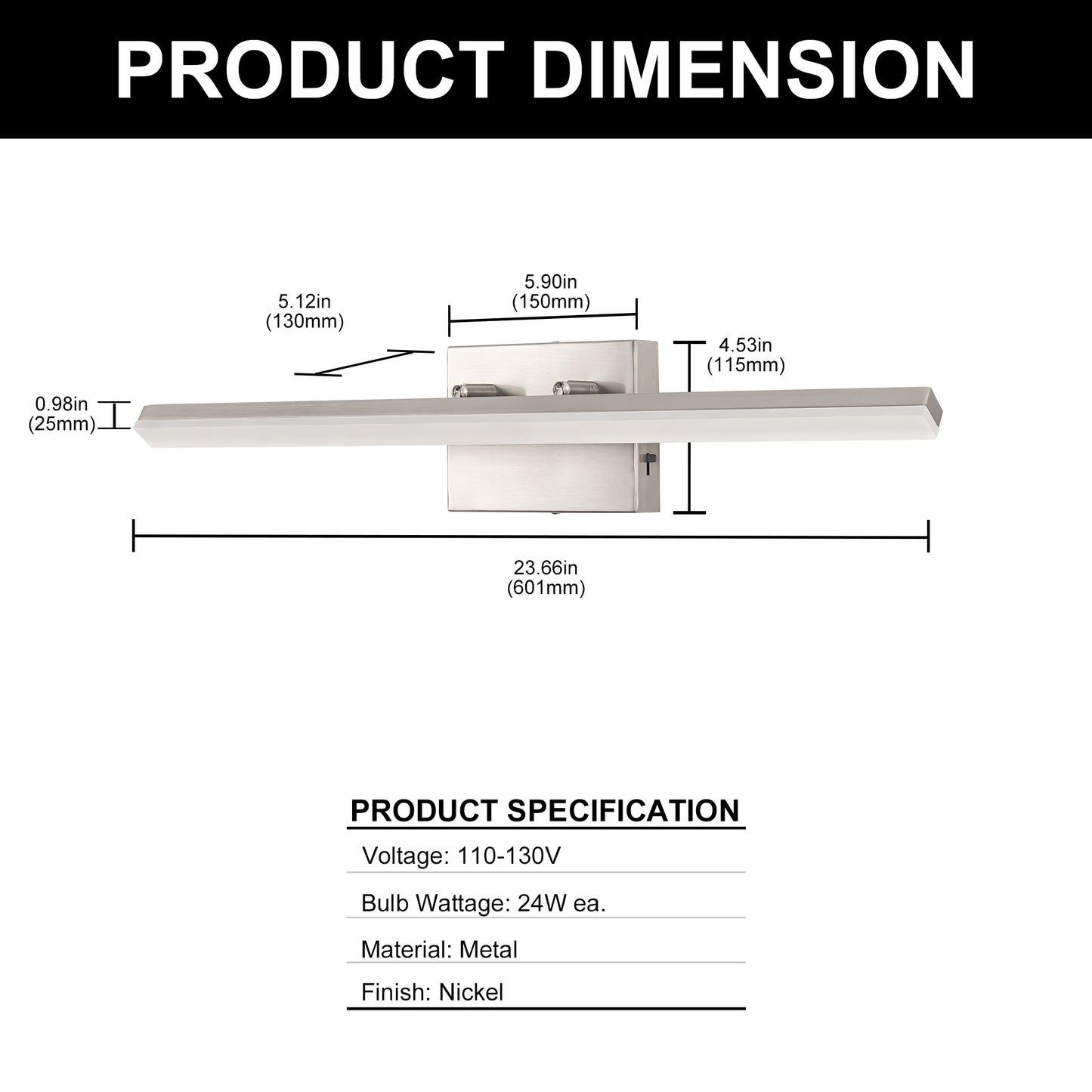 24 in. 24-Watt 1-Light Nickel Vanity Light Integrated LED Wall Sconce for Bathroom, Modern Matte Black Light Bar Over