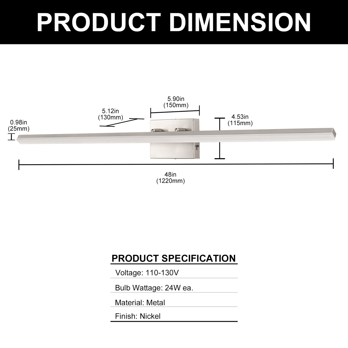 24-Watt 1-Light Nickel Integrated LED Vanity Light, 48 in. Modern Bathroom Wall Sconce, Adjustable Light Bar for Mirror