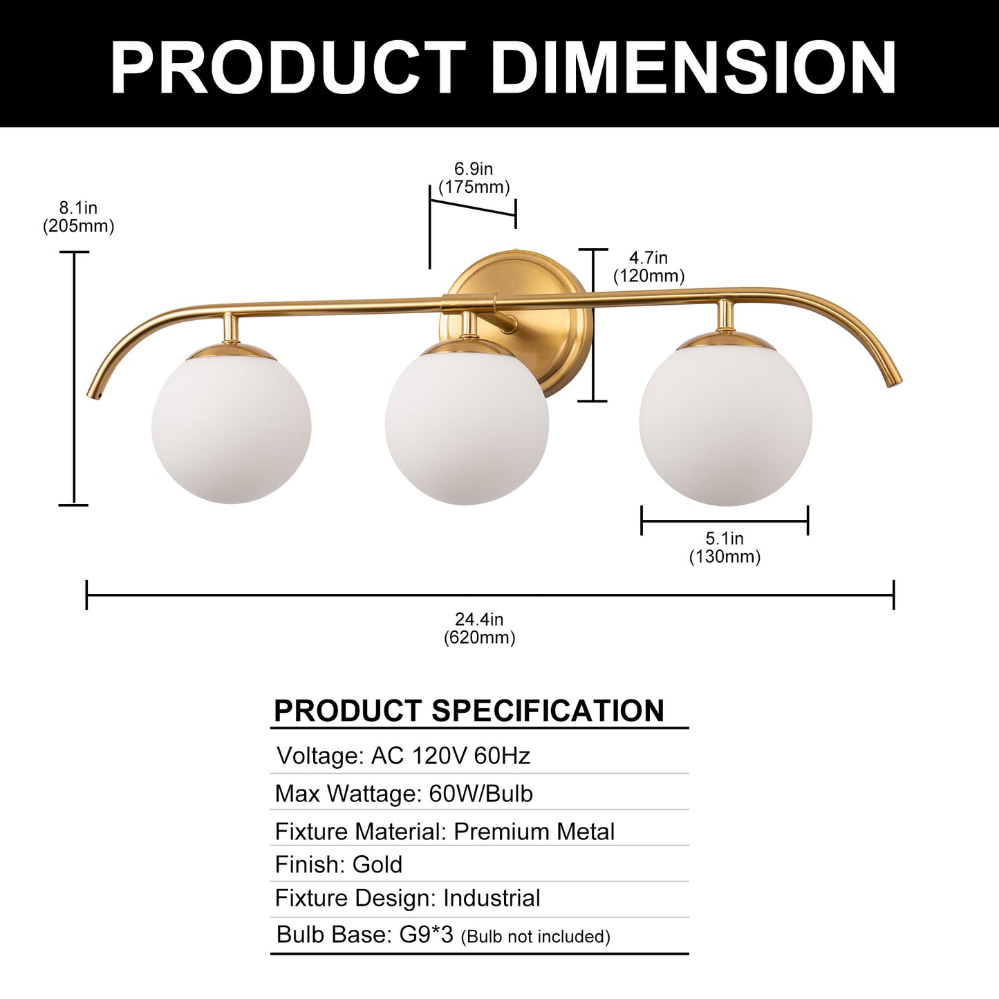 24 in. 3-Light Brass Vanity Light Fixture with Frosted Glass Globes Modern Wall Sconce for Bathroom, Mirror, and Hallway