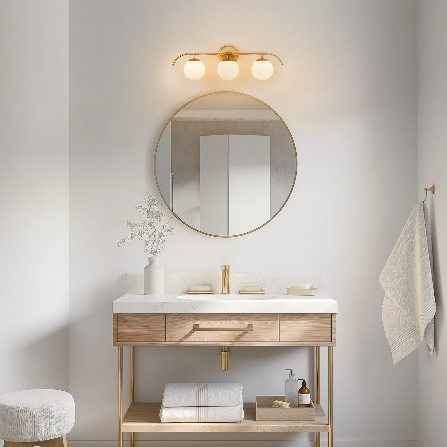 24 in. 3-Light Brass Vanity Light Fixture with Frosted Glass Globes Modern Wall Sconce for Bathroom, Mirror, and Hallway